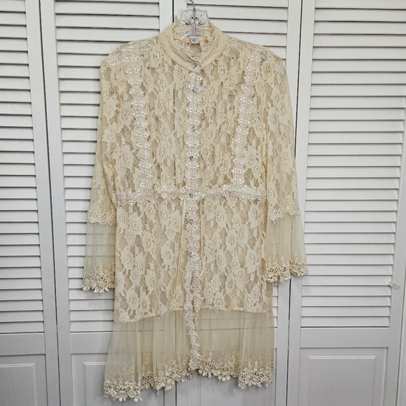 Boston Proper Long Sleeve Lace Tunic Cardigan Jacket Button Up Waist Tie Size XS - Picture 1 of 16